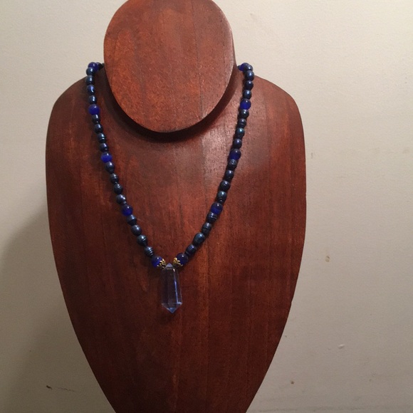 Blue Pearl Necklace with Blue Obsidian Crystal Pendent